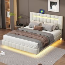 Tanant - Lit adulte 160 x 200 cm, cadre de lit flottant capitonné, avec éclairage led et tête de lit design,Sommier à lattes, lit double, lit