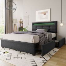 Lit adulte capitonné 90x200cm - Avec éclairage LED, 2 tiroirs, sommier à lattes, tête de lit réglable en hauteur - Gris
