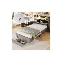 Wishdor - Lit adulte capitonné simple 90 x 200 cm avec lampe chauffante led, prise usb, tête de lit pliante, gris, sans matelas