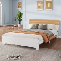 Lit adulte 160x200cm - Tête de lit en bois bicolore, sommier à lattes, cadre de lit en bois, lit Double style moderne, bois - Blanc
