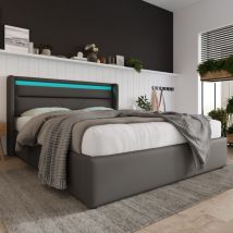 Wishdor - Lit coffre Lit adulte double 140 x 200 cm avec led et télécommande, gris