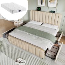 Lit avec tiroirs Lit adulte double 140 x 200 cm avec fonction de chargement usb Type-C et 4 tiroirs, en lin, beige, matelas inclus