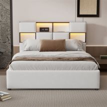 Fortuna Lai - Lit adulte double avec led ambiante, lit plat avec sommier à lattes et tête de lit avec port usb, beige 140x200cm