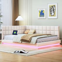 Wishdor - Lit adulte 140x200 cm, canapé-lit enfant, lit capitonné beige avec led, prise usb, tissu velours doux pour la peau, sans matelas