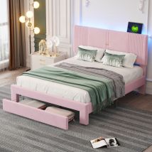 Fortuna Lai - Lit double 140x200cm - lit adulte avec grand tiroir, sommier à lattes et tête de lit led - en tissu velours rose