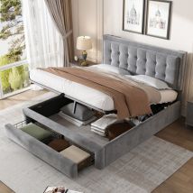 Wishdor - Lit coffre 140x190 cm, lit adulte 140x190 cm avec 2 tiroirs, sommier à lattes et tête de lit capitonné, velours, gris, sans matelas