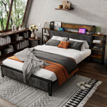 Wishdor - Lit adulte Lit ados Lit métal 140 x 200 cm, tête de lit avec étagère, 3 ports usb, éponge velours foncé, noir et noyer