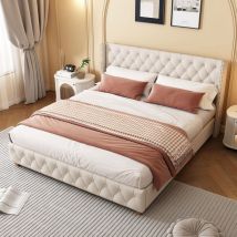 Wishdor - Lit adulte capitonné double 180 x 200 cm avec tête de lit de revêtement de boutons et rivets et sommier à lattes, pieds en bois, lin,