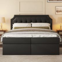 Wishdor - Lit adulte Lit double Lit capitonné 140 x 200 cm avec sommier à lattes en métal, grand rangement, ouvert des deux côtés, noir