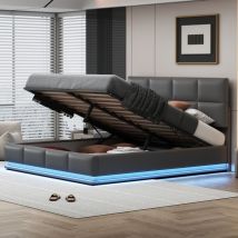 Lit coffre lit adulte capitonné double hydraulique 180 x 200 cm avec led et sommier à lattes. simili cuir. gris, sans matelas