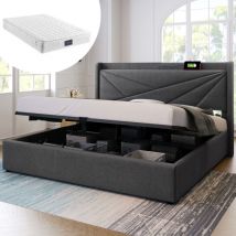 Rapanda - Lit adulte-Lit rembourré lit double espace de rangement coffre de lit avec fonction de chargement usb type c tête de lit, lits d'espace de