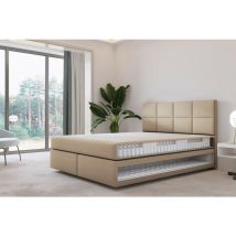 Lit adulte 140x200 cm mallorca - lit suspendu avec matelas ressorts ensachés et matelas bonnell - tissu velours – beige