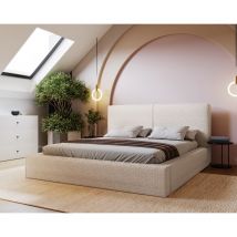 Lit adulte 200x200 Morin Boucle - Lit double avec rangement - sommier à lattes, Lit design, tissu bouclé Crème (Anthology 1)