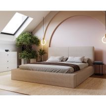 Lit adulte 160x200 Morin Boucle - Lit double avec rangement - sommier à lattes, Lit design, tissu bouclé Beige (Anthology 3)