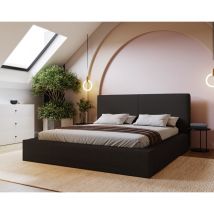 Lit adulte 200x200 Morin Boucle - Lit double avec rangement - sommier à lattes, Lit design, tissu bouclé Noir (Anthology 19)