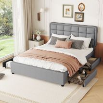 Hauss Spole - Lit adulte rembourré 140x200 cm, lit avec 4 tiroirs, lit double, sommier à lattes, lin, sans matelas, gris