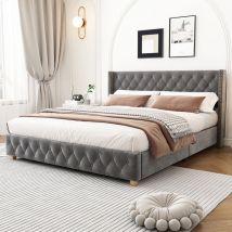 Lit adulte rembourré avec tête de lit et sommier à lattes, décoration boutons rivets, pieds en bois, velour, 160x200cm, lit double, gris, sans matelas