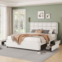 Lit adulte rembourré en lin 140x200cm - 4 tiroirs - avec sommier à lattes - Beige