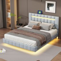 Wishdor - Lit adulte 160x200 cm, lit adulte led, lit ados, lit capitonné gris avec tête de lit, en lin gris doux pour la peau, sans matelas