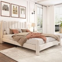 Lit adulte rembourré en velours - 180x200 cm - avec sommier à lattes - Beige
