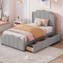Modernluxe - Lit simple rembourré 90x200cm - tissu en velours - 2 tiroirs - Gris
