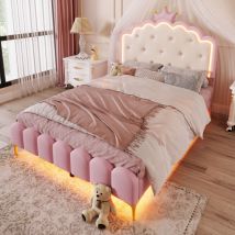 Hauss Spole - Lit adulte/enfant rembourré 140x200 cm, led, lit simple, tête de lit en forme de couronne, sans matelas, pu, rose