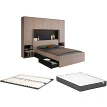 Vente-unique - Lit pont 140 x 190 cm avec rangements - Avec LEDs - Coloris : Naturel et noir + Sommier + Matelas - velona