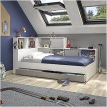 Diagone Erwan Lit enfant avec rangements - Décor blanc et gris- 90 x 200 cm