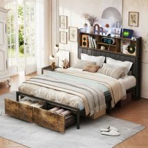 Lit avec tiroir 160x200cm, cadre de lit avec 2 tiroirs, ports de chargement USB et Tpyc, tête de lit avec éclairage LED et compartiments de