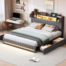 Lit avec tiroirs 160x200cm, tête de lit rangement avec éclairage led et prises de recharge, Lit double avec 4 tiroirs de rangement, sommier à lattes,