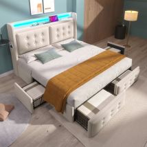 Wishdor - Lit avec tiroirs Lit adulte et ados 180 x 200 cm avec tête de lit led et fonction de chargement usb c et 4 tiroirs, coton, beige, sans
