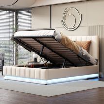 Rapanda - Lit avec tiroirs-Lit capitonné 140 x 200 cm avec led, sommier à lattes en métal & coffre de lit, lit double avec tête de lit capitonnée