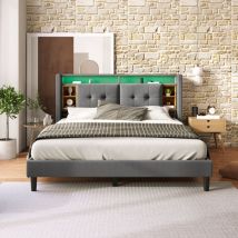 Wishdor - Lit avec tiroirs lit capitonné 140 x 200 cm avec chargement usb et led. gris. sans matelas