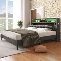 Wishdor - Lit avec tiroirs Lit Capitonné 140 x 200 cm. Tête de Lit Coffre. led. Cadre à Lattes en Bois. Gris. Sans Matelas