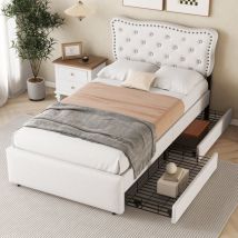 Wishdor - Lit avec tiroirs Lit capitonné 90 x 200 cm, table de chevet capitonnée carrée avec rivets décoratifs, beige clair