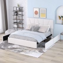 Wishdor - Lit 140x200 cm avec 4 tiroirs, lit rembourré 140x200 cm, lit adulte avec tête de lit réglable, beige, sans matelas