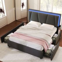 Wishdor - Lit 140x200 cm avec 4 tiroirs, lit adulte, lit ados, lit capitonné gris avec tête de lit réglable en hauteur et éclairage led, sans matelas