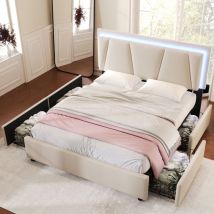Wishdor - Lit 140x200 cm avec 4 tiroirs, lit adulte, lit ados, lit capitonné beige avec tête de lit réglable en hauteur et éclairage led, sans matelas