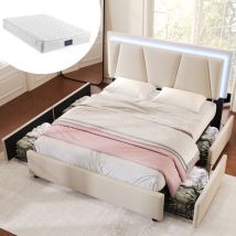 Wishdor - Lit 160x200 cm avec 4 tiroirs, lit adulte, lit ados, lit capitonné beige avec tête de lit réglable en hauteur et éclairage led, matelas