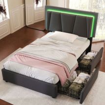 Wishdor - Lit 90x200 cm avec 2 tiroirs, lit adulte, lit ados, lit capitonné gris avec tête de lit réglable en hauteur et éclairage led, sans matelas