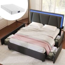 Wishdor - Lit 160x200 cm avec 4 tiroirs, lit adulte, lit ados, lit capitonné gris avec tête de lit réglable en hauteur et éclairage led, matelas