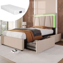 Wishdor - Lit 90x200 cm avec 2 tiroirs, lit adulte, lit ados, lit capitonné beige avec tête de lit réglable en hauteur et éclairage led, matelas