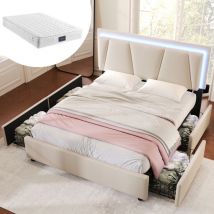 Wishdor - Lit 140x200 cm avec 4 tiroirs, lit adulte, lit ados, lit capitonné beige avec tête de lit réglable en hauteur et éclairage led, matelas