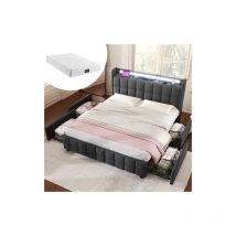 Lit 140x200 cm avec tiroir, lit adulte led, lit capitonné gris avec fonction de chargement usb, cadre de lit avec 4 tiroirs, matelas inclus