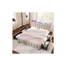 Lit avec tiroirs,Lit rembourré avec fonction de chargement usb, tête de lit et éclairage led et 4 tiroirs, lit double 160x200cm, espace de rangement,