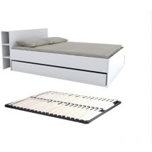 Vente-unique - Lit avec tête de lit rangements et tiroirs 140 x 190 cm - Blanc + Sommier - eugene