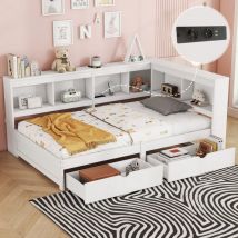 Lit banquette 90x200cm - avec Ports de usb et rangements - Blanc
