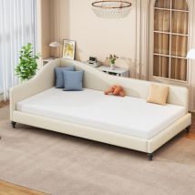 Lit banquette 90x200cm en tissu lin - avec sommier à lattes - Beige