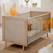 Lit bébé à barreaux en bois clair imprimé cannage 70x140 - LT7085