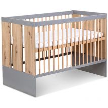 PAULINE Lit bébé enfant évolutif à barreaux avec sommier réglable Bois / Gris 120x60 cm